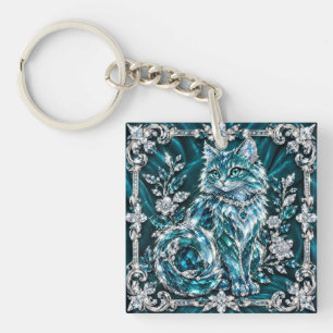 Luxury Turquoise Crystal Cat Silver Frame Key Ring