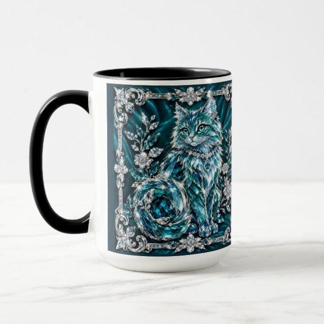 Luxury Turquoise Crystal Cat | Silver Frame Mug (Left)