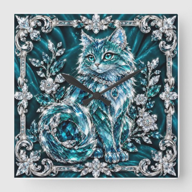 Luxury Turquoise Crystal Cat | Silver Frame Square Wall Clock (Front)