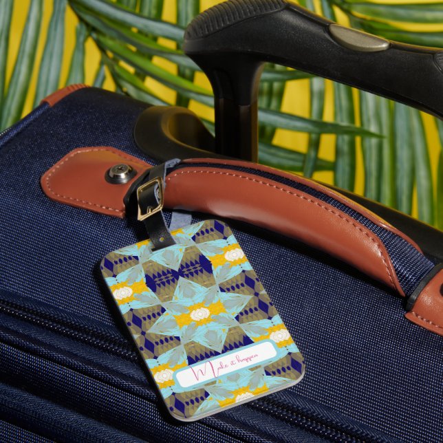 ⁠Luxury Turquoise Gold Leaf Mandala  Luggage Tag (Front Insitu 1)