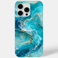 Luxury Turquoise Ocean Marble with Gold Foil Waves