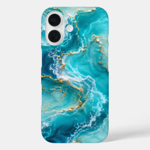 Luxury Turquoise Ocean Marble with Gold Foil Waves iPhone 16 Case