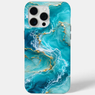 Luxury Turquoise Ocean Marble with Gold Foil Waves iPhone 15 Pro Max Case