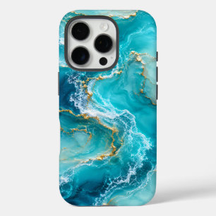 Luxury Turquoise Ocean Marble with Gold Foil Waves iPhone 16 Pro Case
