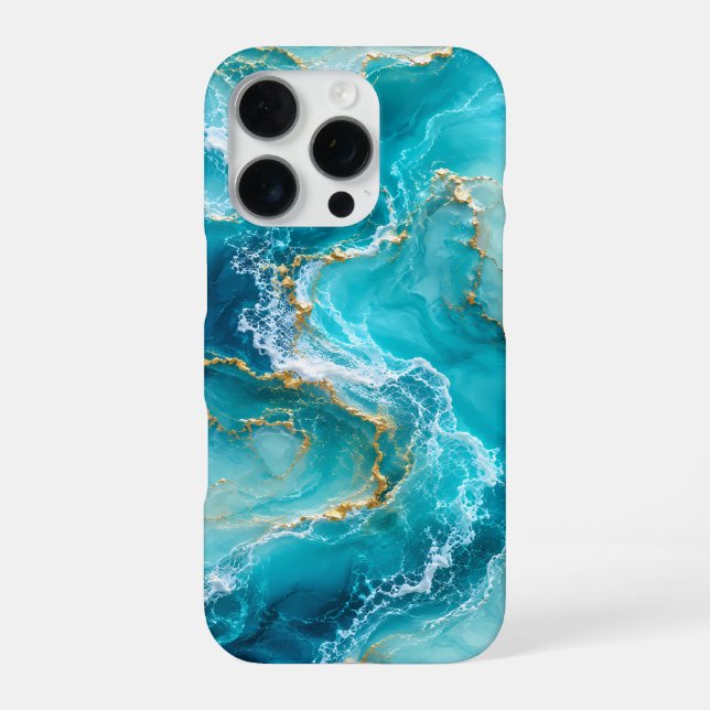 Luxury Turquoise Ocean Marble with Gold Foil Waves iPhone Case (Back)