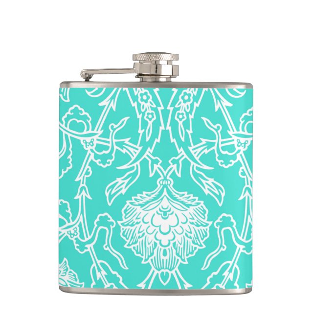 Luxury Turquoise & White Damask Decorative Pattern Hip Flask (Front)