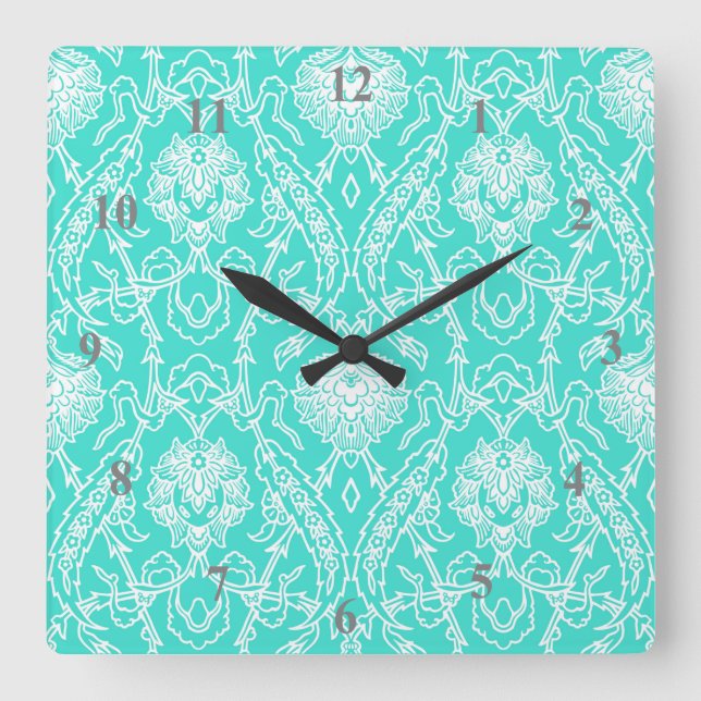 Luxury Turquoise & White Damask Decorative Pattern Square Wall Clock (Front)