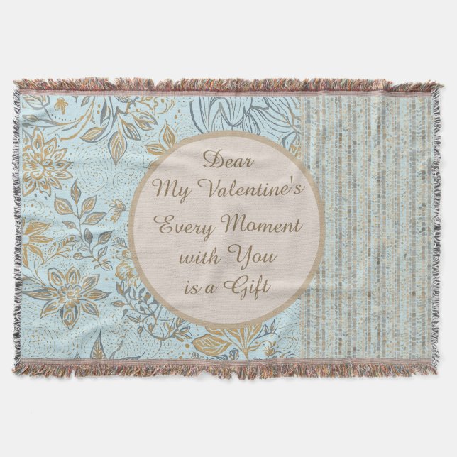 Luxury, Valentine's Day,Gold Soft Blue Flowers Art Throw Blanket (Front)