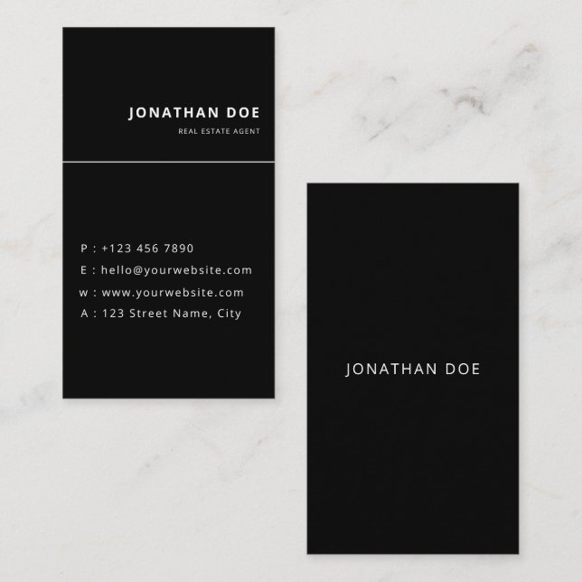 Luxury Vertical Black Minimalist Real Estate Business Card (Front/Back)