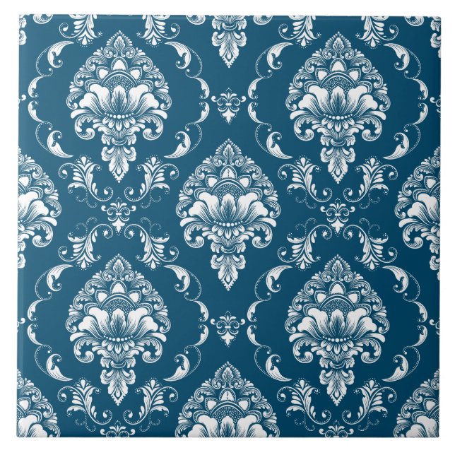 Luxury Victorian trendy navy blue and white classy Tile (Front)