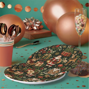 Luxury Vintage Christmas Holiday Pattern Round Paper Plate