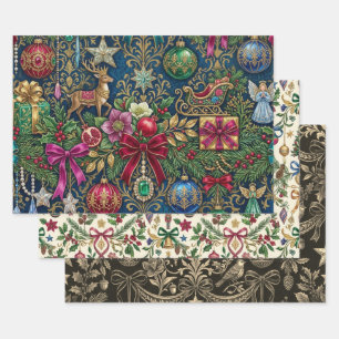 Luxury Vintage Christmas Ornaments Ribbons Birds Wrapping Paper Sheet