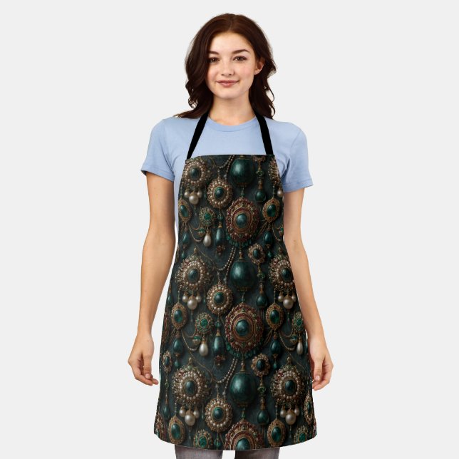 Luxury Vintage Emerald and Pearl Jewellery Pattern Apron (Worn)
