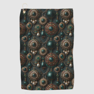 Luxury Vintage Emerald and Pearl Jewellery Pattern Golf Towel