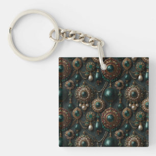 Luxury Vintage Emerald and Pearl Jewellery Pattern Key Ring