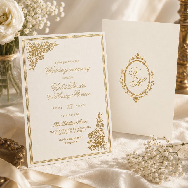 Luxury Vintage Floral Romantic Regency Wedding (Ivory real gold foil wedding invitation with custom monogram back and botanical floral border.)