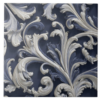 Luxury Vintage French Baroque Ivory Navy Blue Tile
