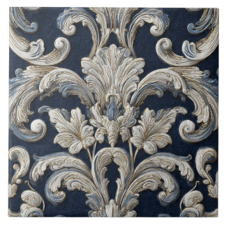 Luxury Vintage French Baroque Ivory Navy Blue Tile