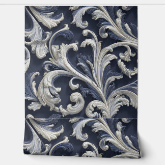 Luxury Vintage French Baroque Navy Blue Ivory Wallpaper