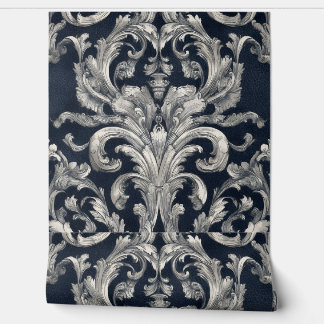 Luxury Vintage French Baroque Navy Blue Ivory Wallpaper