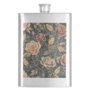 Luxury, Vintage,Garden of Roses, Blue Background Hip Flask