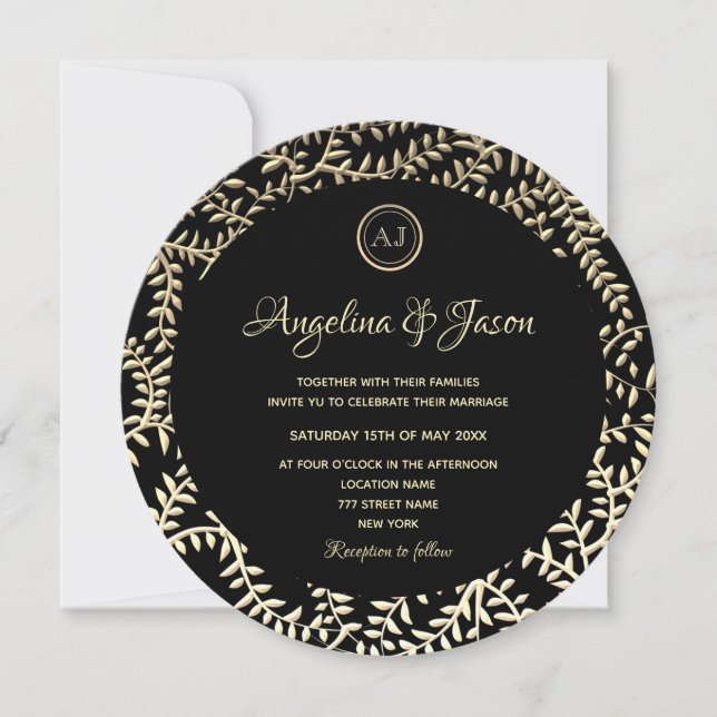 Luxury Vintage Gold and Black Wedding Invitation (Front)