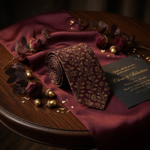 Luxury Vintage Gold Floral on Dark Burgundy Maroon Tie