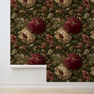 Luxury Vintage Olive Green Burgundy Beige British Wallpaper