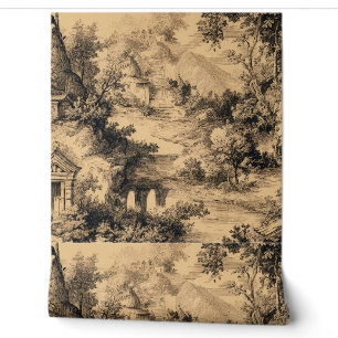 Luxury Vintage Toile Jouy Black Ink Beige French Wallpaper