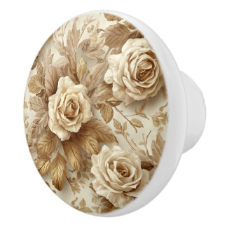Luxury Vintage Victorian Floral Rich Gold Cream Ceramic Knob