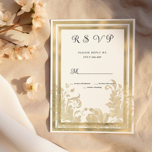 Luxury vintage white gold floral RSVP  Invitation (Luxury vintage white gold floral RSVP )