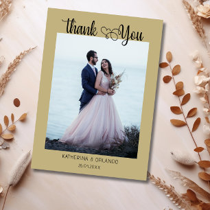 Luxury Warm Taupe Script with Heart Wedding Photo Thank You Card