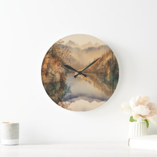 Luxury Watercolor Autumn Mountain Lake Large Clock