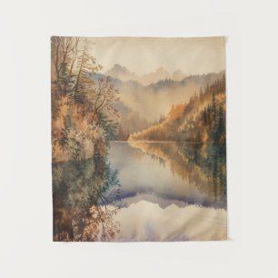 Luxury Watercolor Autumn Mountain Lake Tapestry