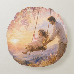 Luxury Watercolor Father and Daughter Swing Round Cushion