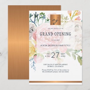 Luxury watercolor gold beauty salon grand opening invitation