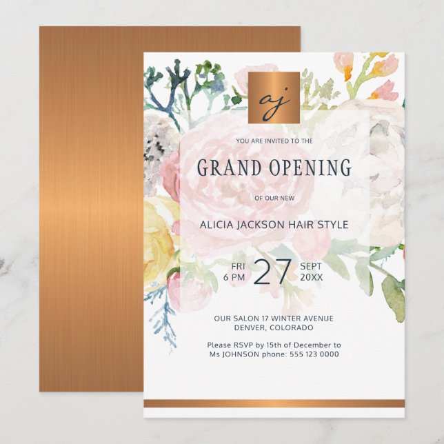 Luxury watercolor gold beauty salon grand opening invitation (Front/Back)