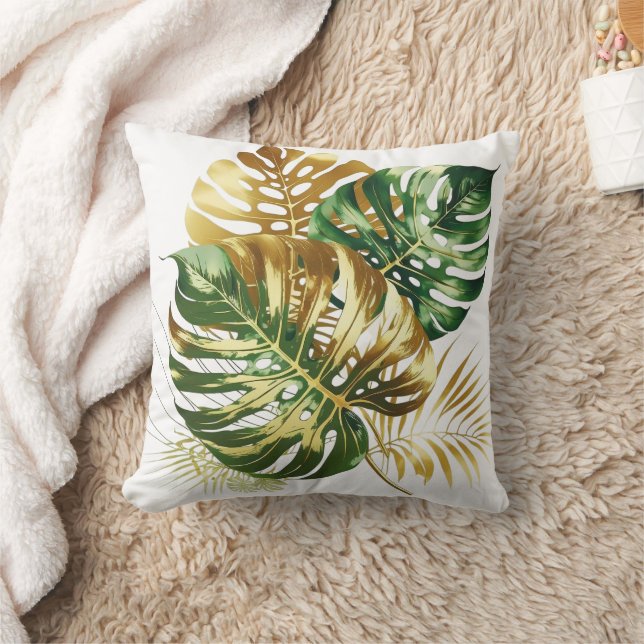 Luxury Watercolor Monstera Leaves Throw Pillow (Blanket)