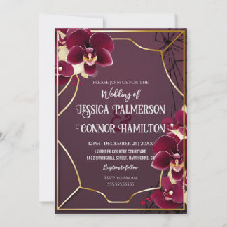 Luxury Wedding Burgundy Orchid Blooms Golden Frame Invitation