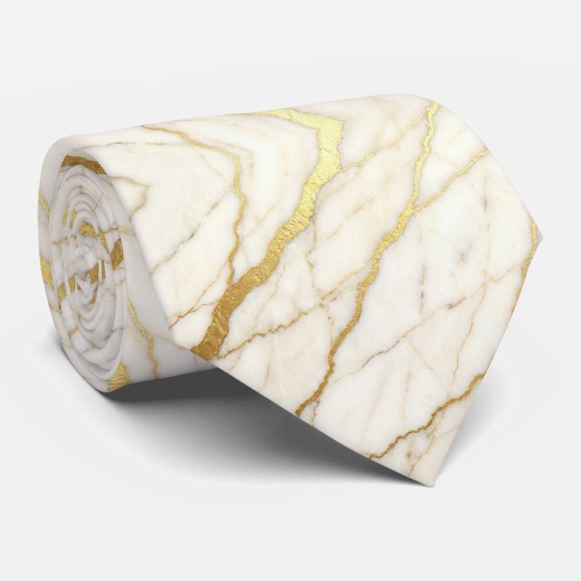 Luxury Wedding & Event Tie | White & Gold Marble  (Rolled)