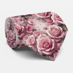 Luxury Wedding Neck Tie   Pink Roses & Diamonds