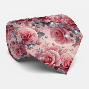 Luxury Wedding Neck Tie   Pink Roses & Diamonds