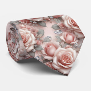 Luxury Wedding Neck Tie   Pink Roses & Diamonds