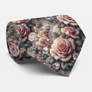 Luxury Wedding Neck Tie   Pink Roses & Diamonds