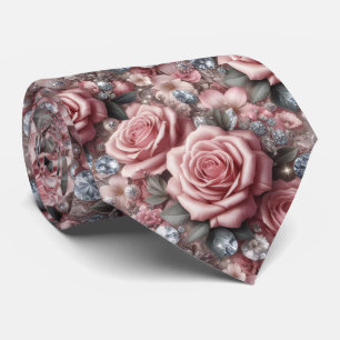 Luxury Wedding Neck Tie   Pink Roses & Diamonds