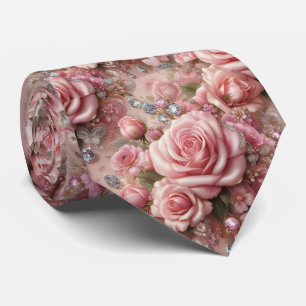 Luxury Wedding Neck Tie   Pink Roses & Diamonds