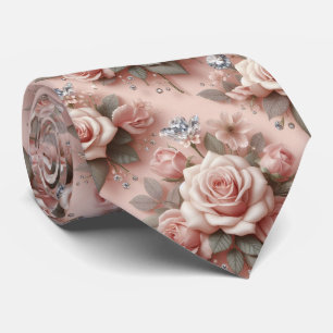 Luxury Wedding Neck Tie   Pink Roses & Diamonds
