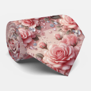 Luxury Wedding Neck Tie   Pink Roses & Diamonds