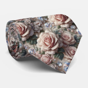 Luxury Wedding Neck Tie   Pink Roses & Diamonds