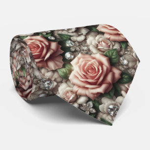 Luxury Wedding Neck Tie   Pink Roses & Diamonds